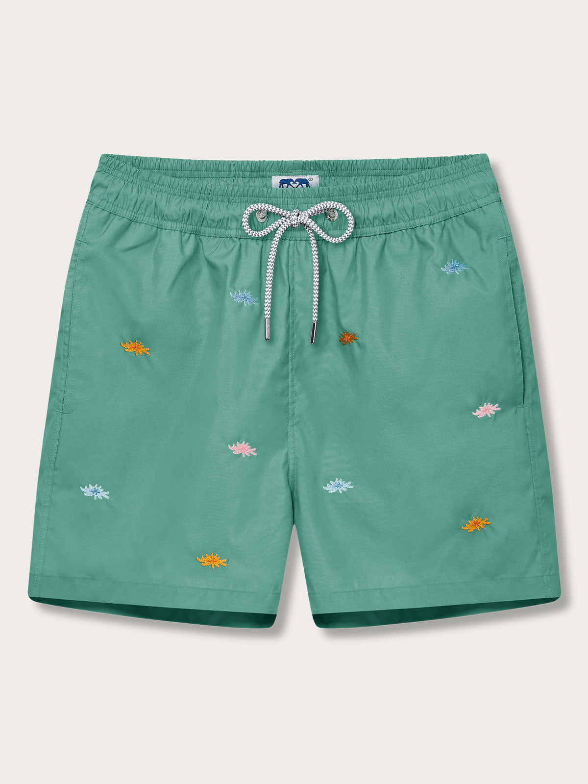 Men's Primavera Staniel Swim Shorts in Riviera green with embroidered sea flowers, front view.
