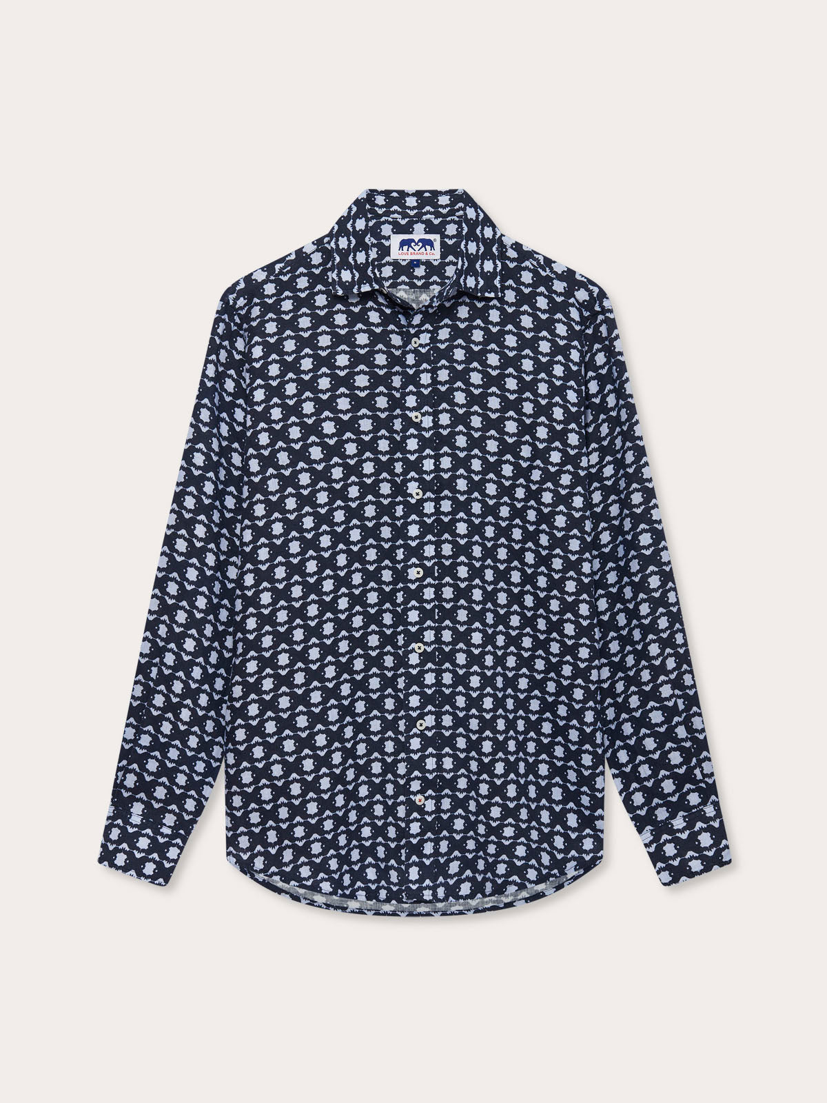 Rhino Rhythm Abaco mens Linen Shirt. Navy and blue linen shirt showing hidden rhino design. Long-sleeved and button-up.
