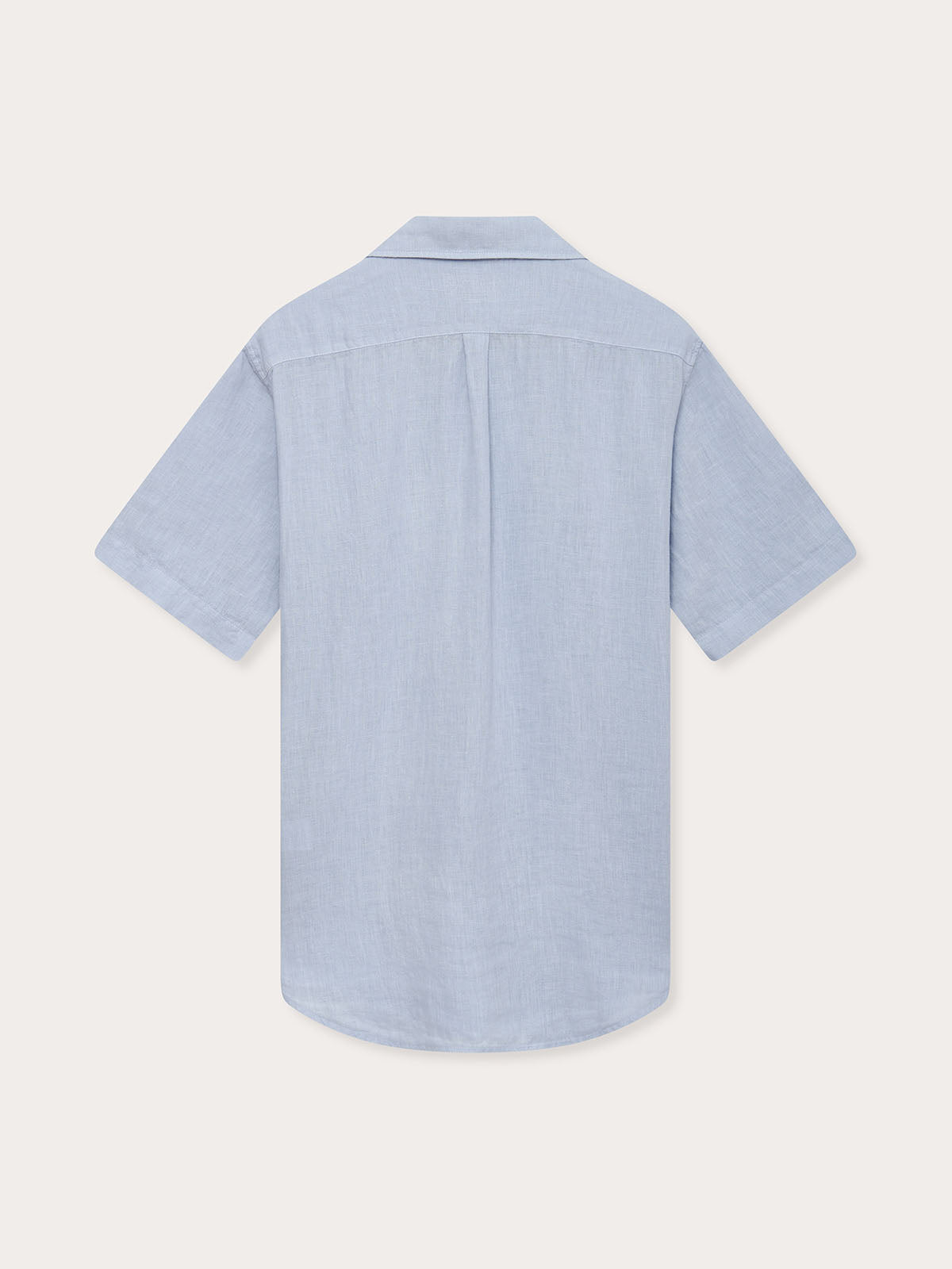 Men's Sky Blue Manjack Linen Shirt back view. Men's linen shirt with short sleeves and lightweight fabric.