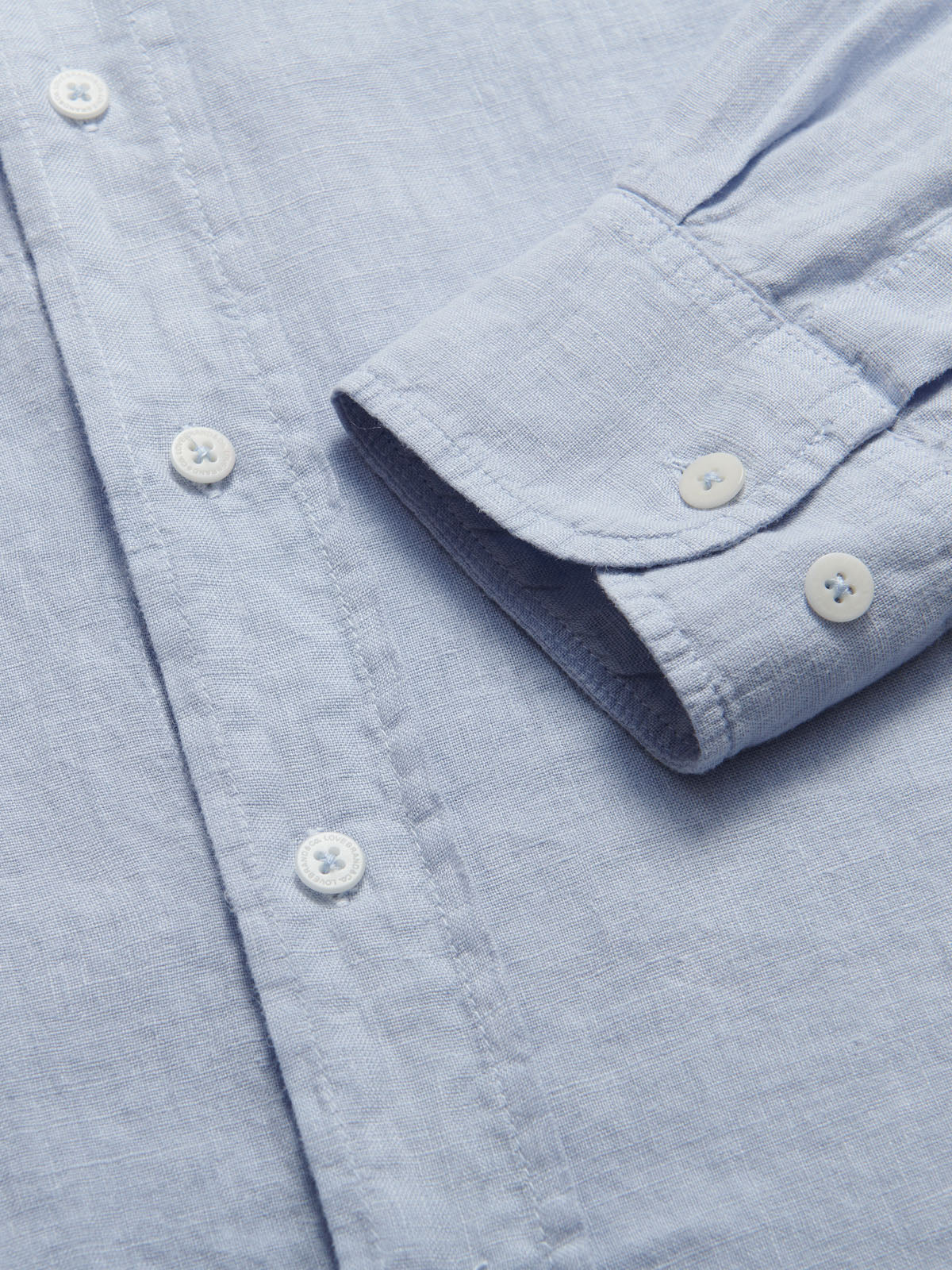 Sky Blue mens Linen Shirt detailed view of cufff.