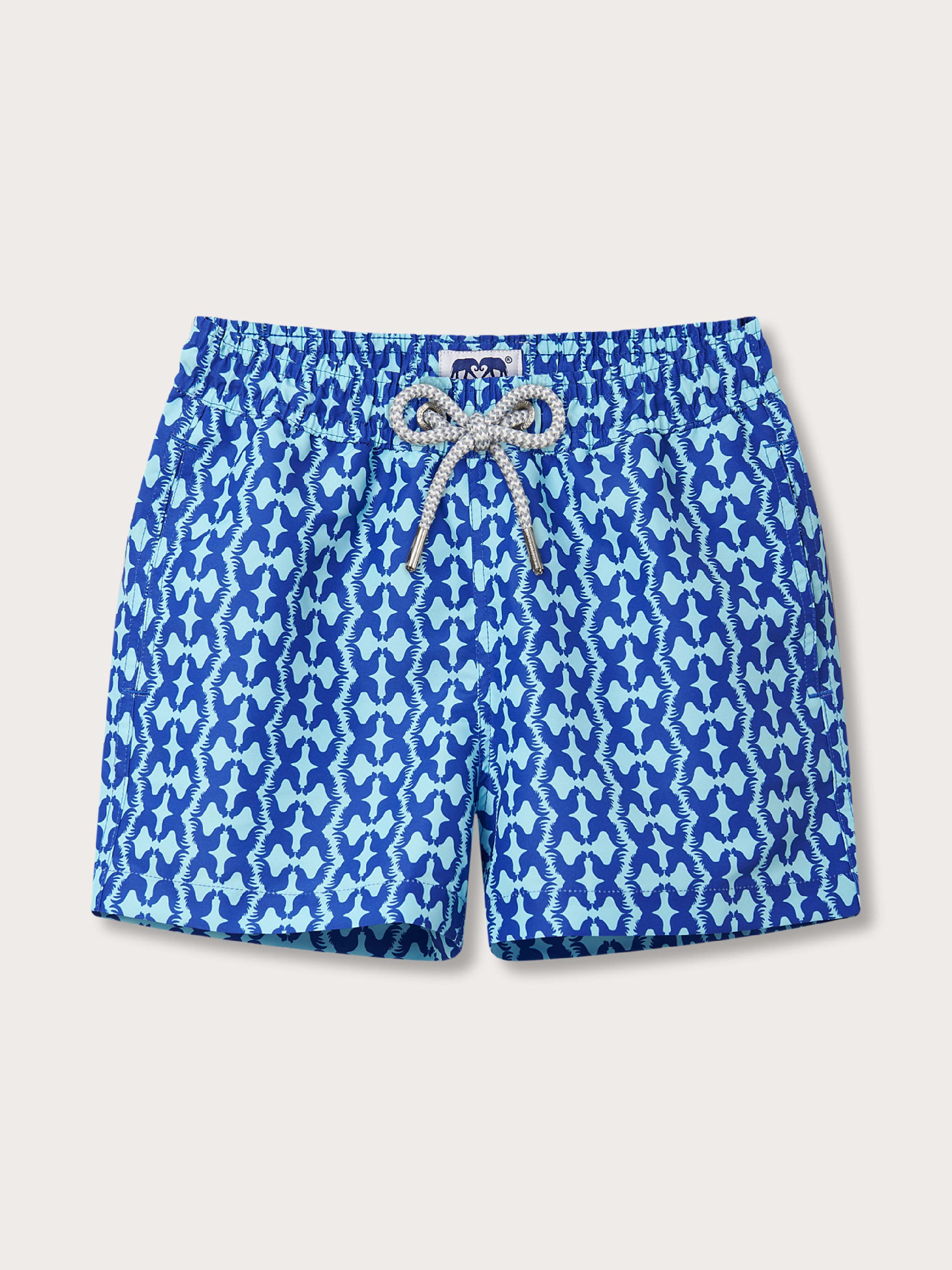 Boys Blue Rooster Staniel Swim Shorts with blue and aqua rooster print and drawstring waistband.