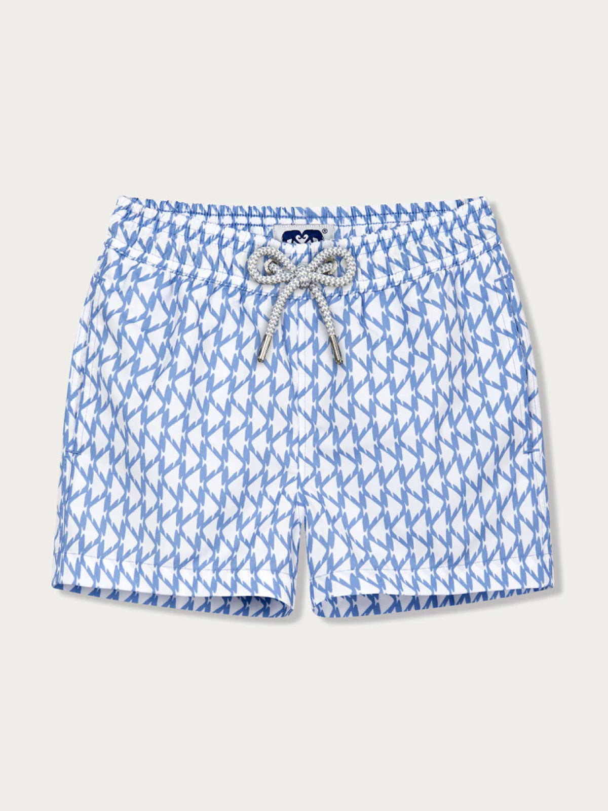 Boys My Way Or The Highway Staniel Swim Shorts in Sky Blue with white triangular Angelfish motif, featuring an elastic waistband and drawstring closure.