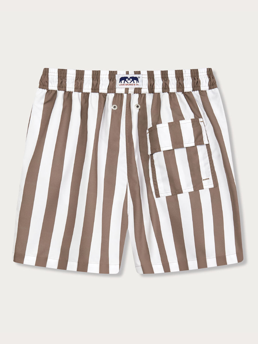 Men's Tan Candy Stripe Staniel Swim Shorts featuring vertical tan and white stripes, back view with a pocket detail, 100% recycled material, inspired by 1950s Florida and the Bahamas.