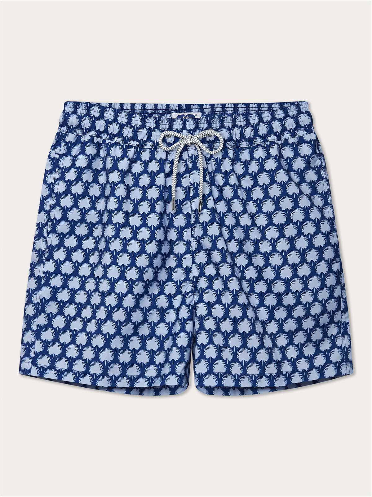 Men's Palm Fans Staniel Swim Shorts. Patterned swim shorts featuring a tropical palm print in deep blue and sky blue.