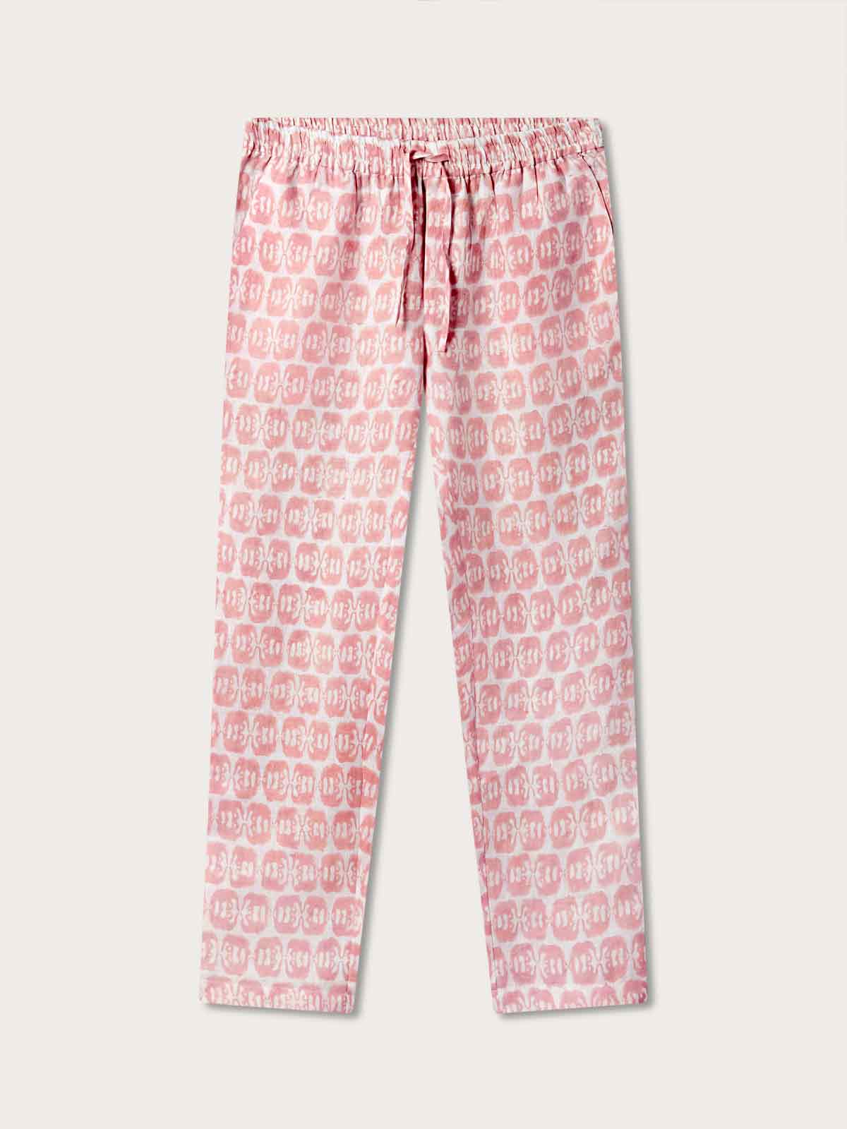 Pink linen trousers featuring love brand & co elephants of india print. Front view of drawstring trousers showing elastic waist, perfect for old money styling.