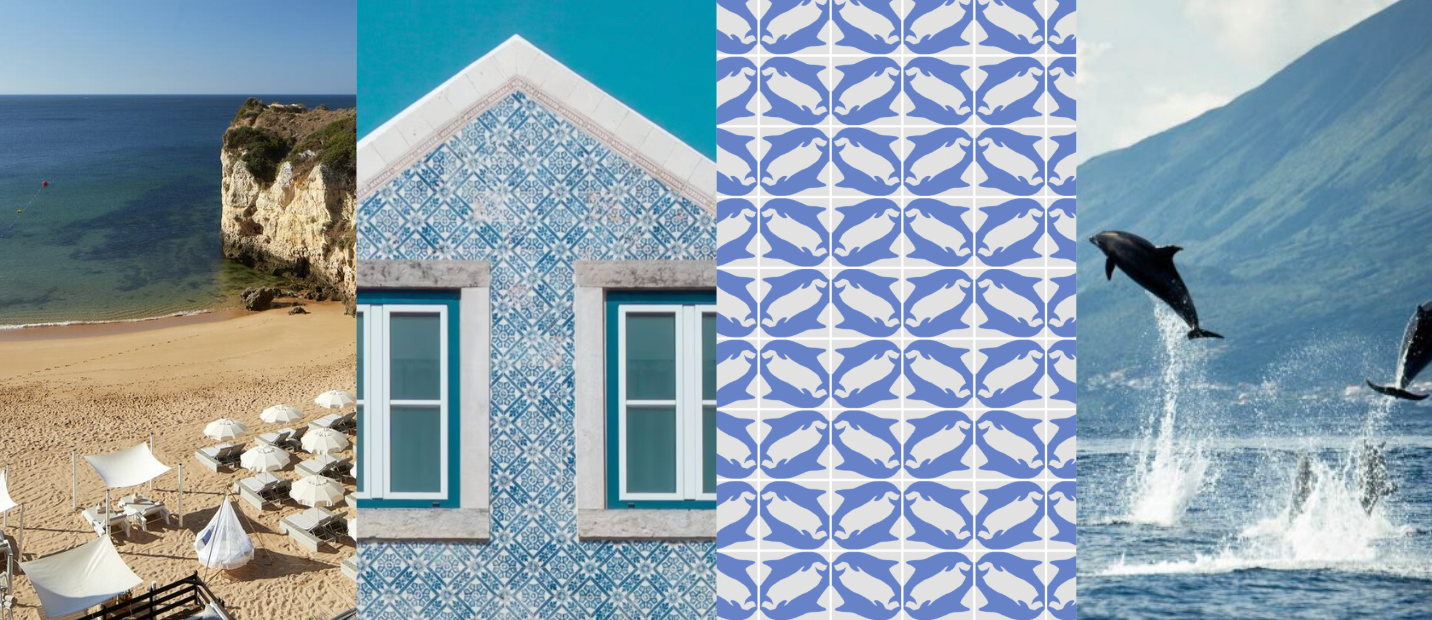 Collage of a beach scene, house with blue and white ceramics, dolphin in water, and blue and white patterned fabric.