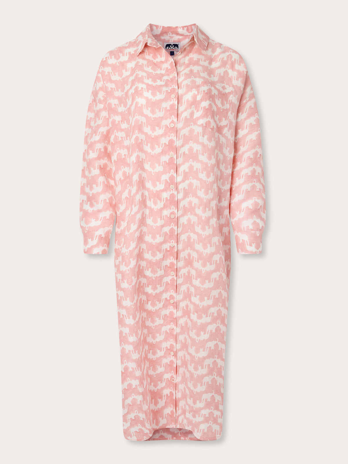 Womens Elephant Palace Strawberry Sapodilla Linen Shirt Dress front view. Pink elephant palace print midaxi dress with long sleeves and pockets.