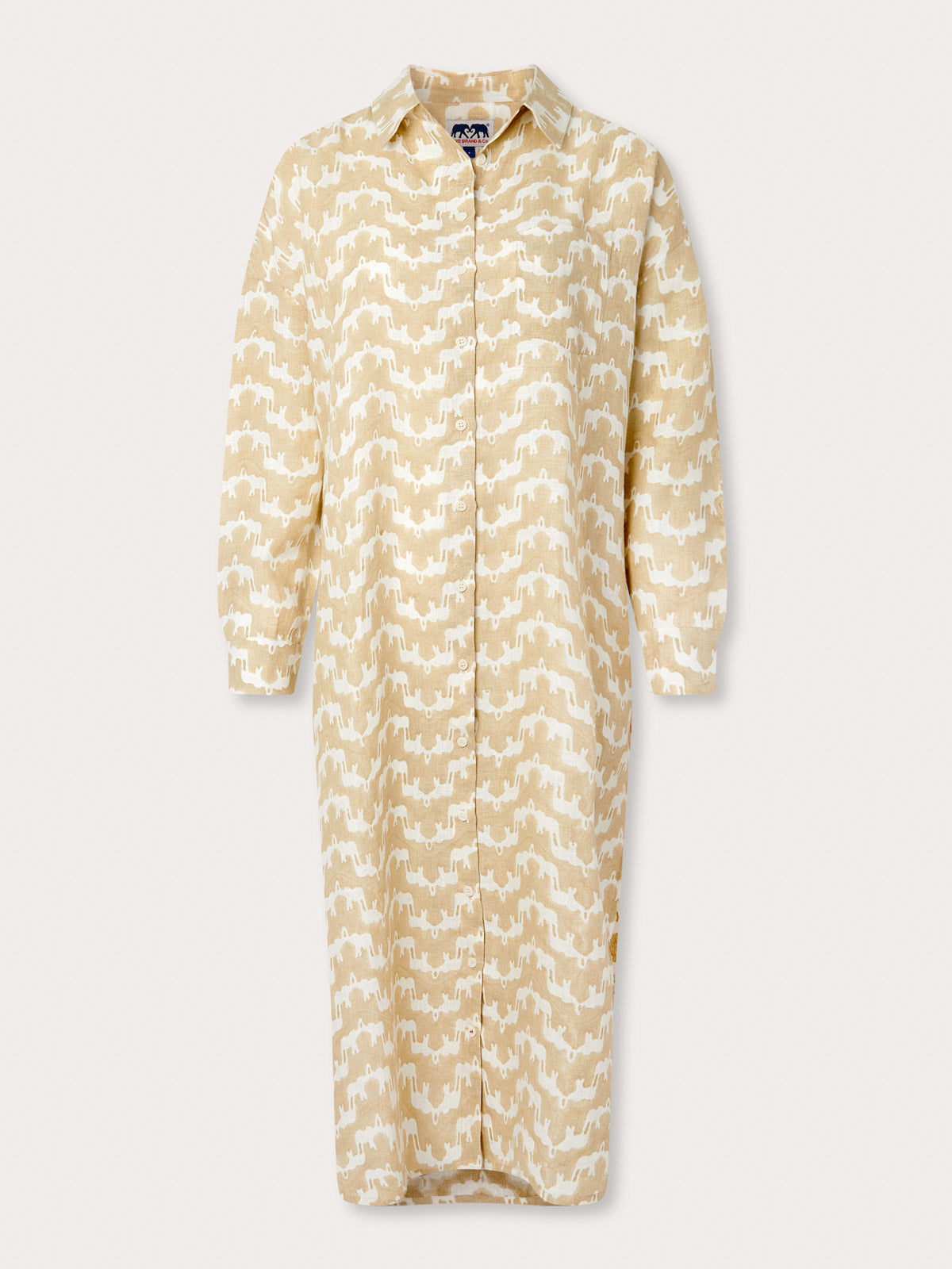 Womens shirt dress made from 100% linen in our elephant palace print. Beige and white colour midaxi dress with long sleeves.