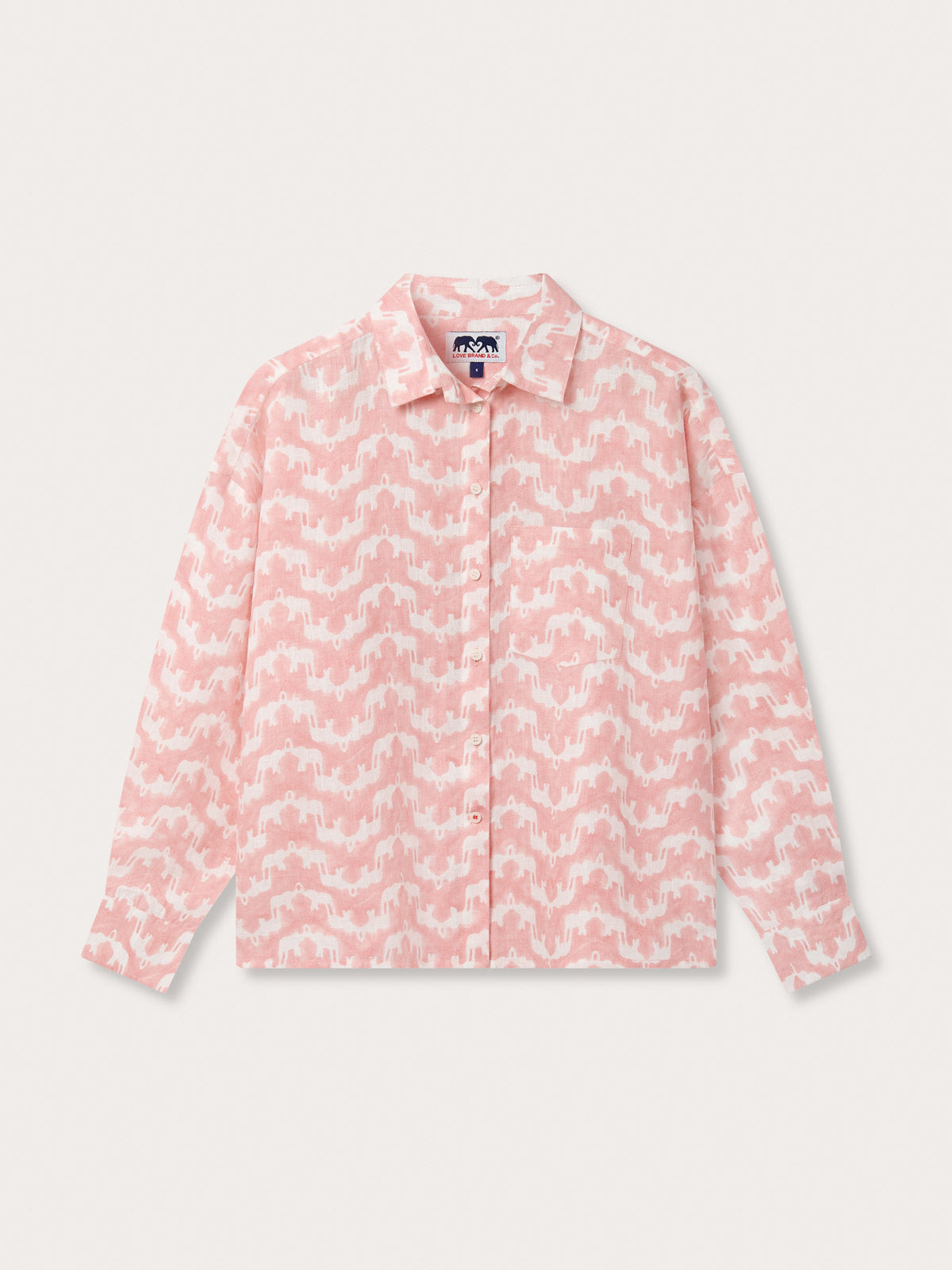 Our Womens Elephant Palace Strawberry Inagua Linen Shirt. Pink and white linen shirt with a handy front pocket. Long-sleeved shirt with a button-up design, finished with an elephant print.