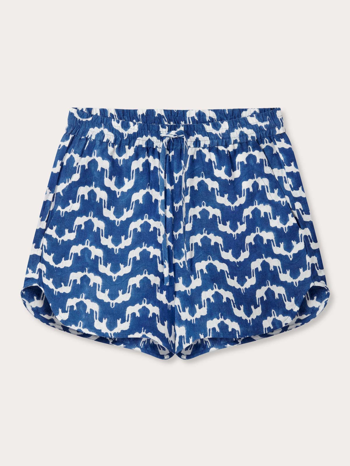 Front view of Womens Elephant Palace Blue Musha Linen Shorts. 100% linen shorts for women with elastic waist and drawstring tie and 2 handy front pockets.
