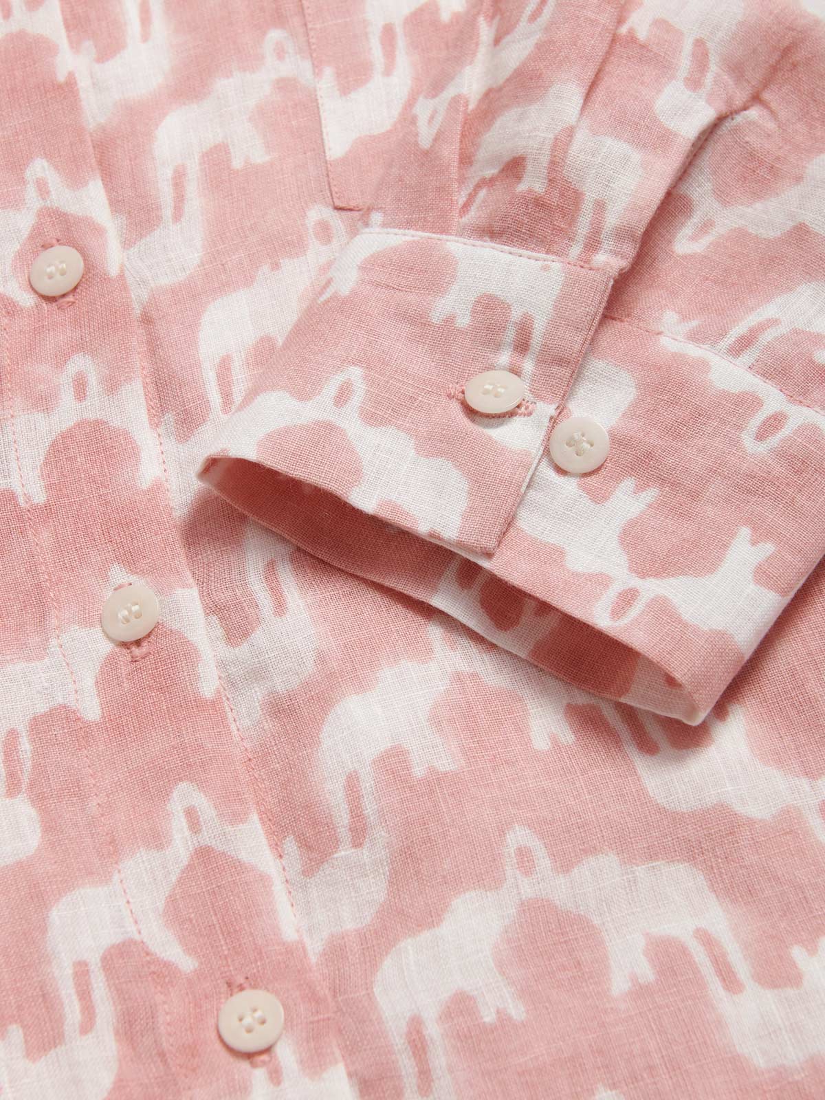 Womens Elephant Palace Strawberry Sapodilla Linen Shirt Dress. Pink elephant palace print midaxi dress cuff detailed view.