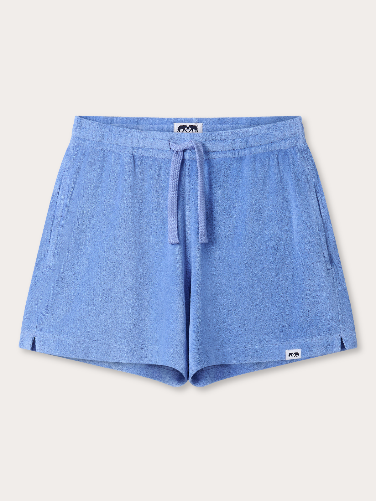 Front view of blue terry shorts for women