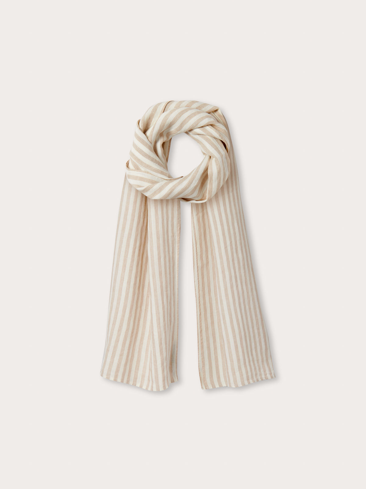 Full view of Womens Coconut Stripe Yuma Linen Scarf. Made from 100% linen showing beige and white striped patterned fabric.
