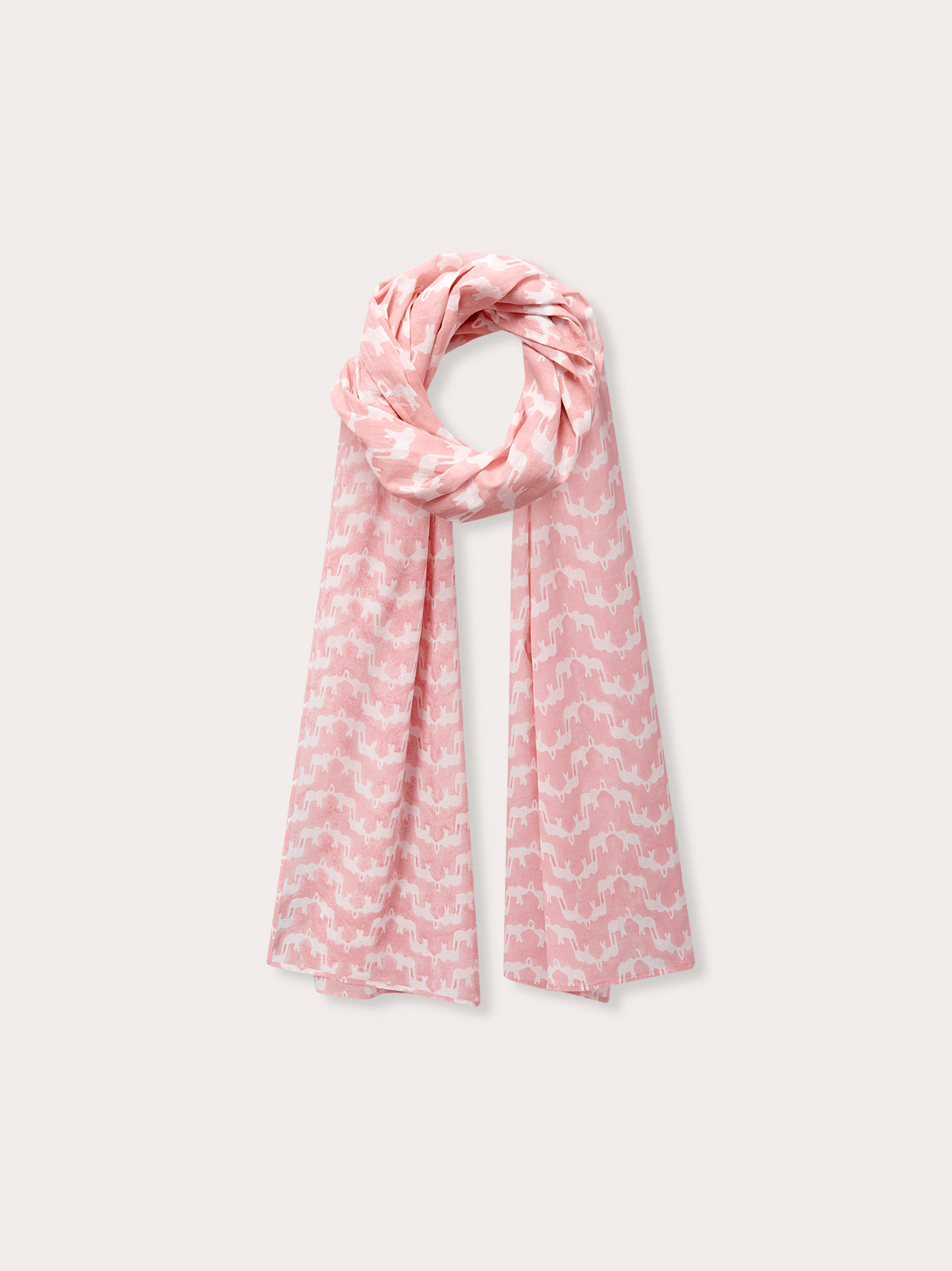 Womens Elephant Palace Strawberry Yuma Cotton Scarf. 100% pure linen scarf featuring white and pink elephant print.