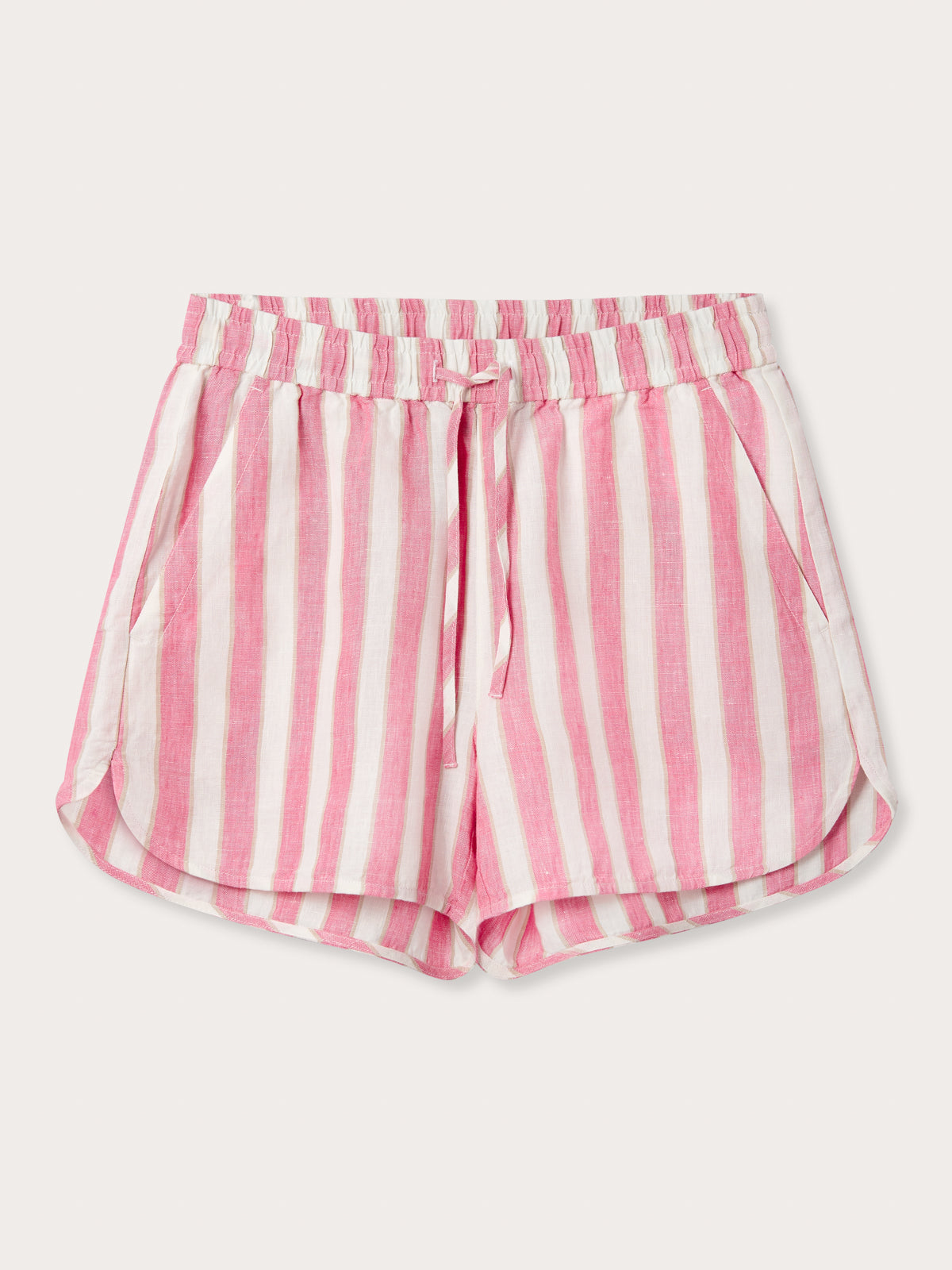 Front view of Womens Strawberries & Cream Musha Linen Shorts. Pink and white striped linen shorts. Featuring 2 front pockets, and an elastic waist with drawstring.