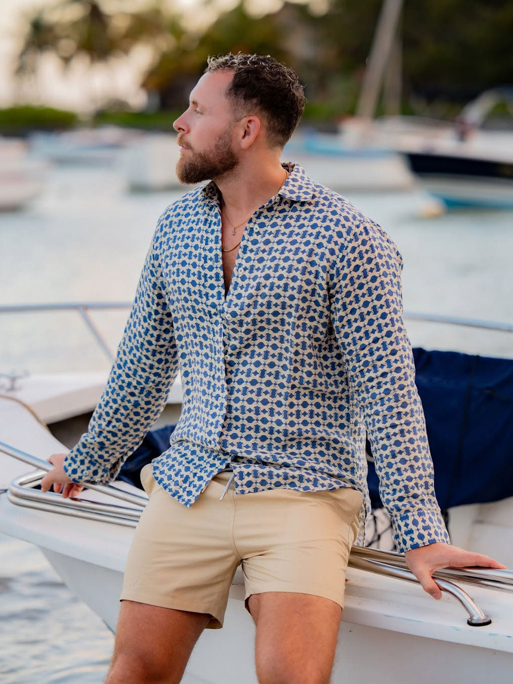 man wear patterned linen shirt by luxury beachwear brand love brand & co.