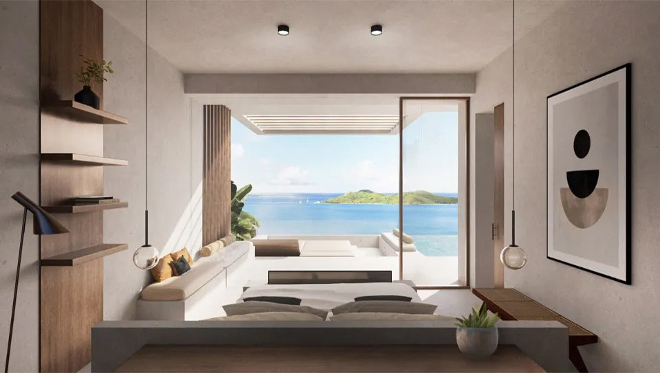 Modern interior design with a view of the ocean from a window at Biras Creek