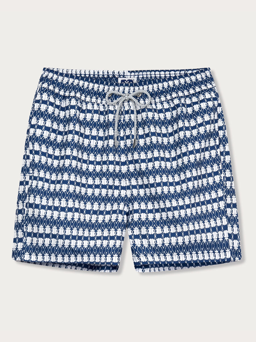 Men's The Beetles Staniel Swim Shorts in deep blue with white beetles pattern, featuring an elastic waistband and drawstring tie.