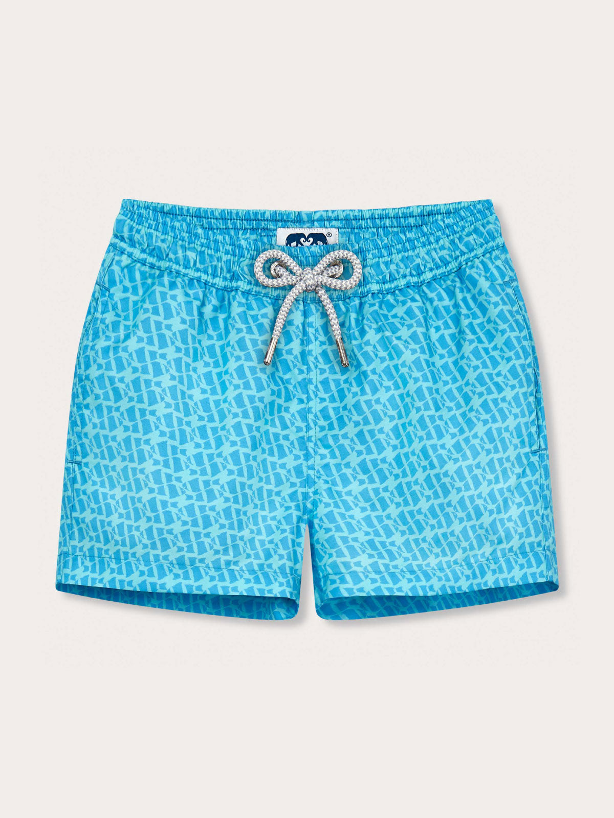 Boys Staniel Swim Shorts with geometric clown fish print in light blue.