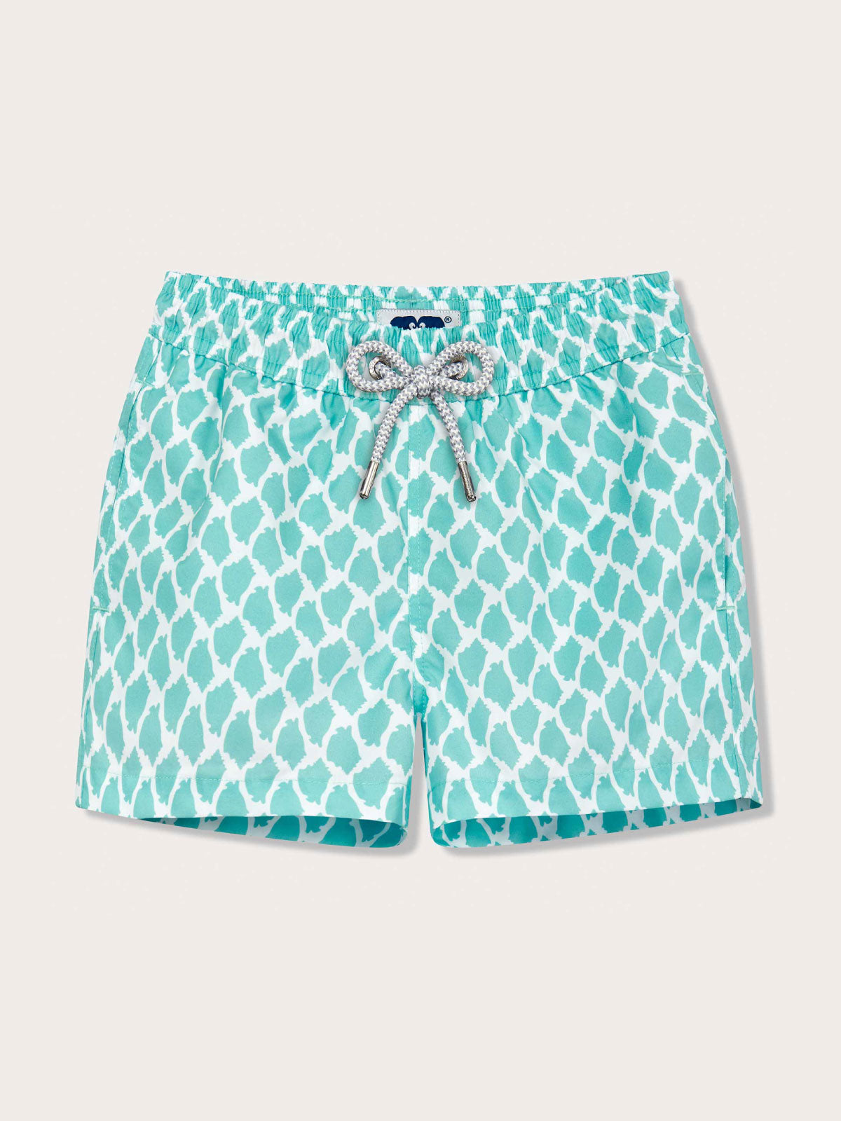Boys Conch Salad Staniel Swim Shorts with geometric conch shell print made from 100% recycled material.