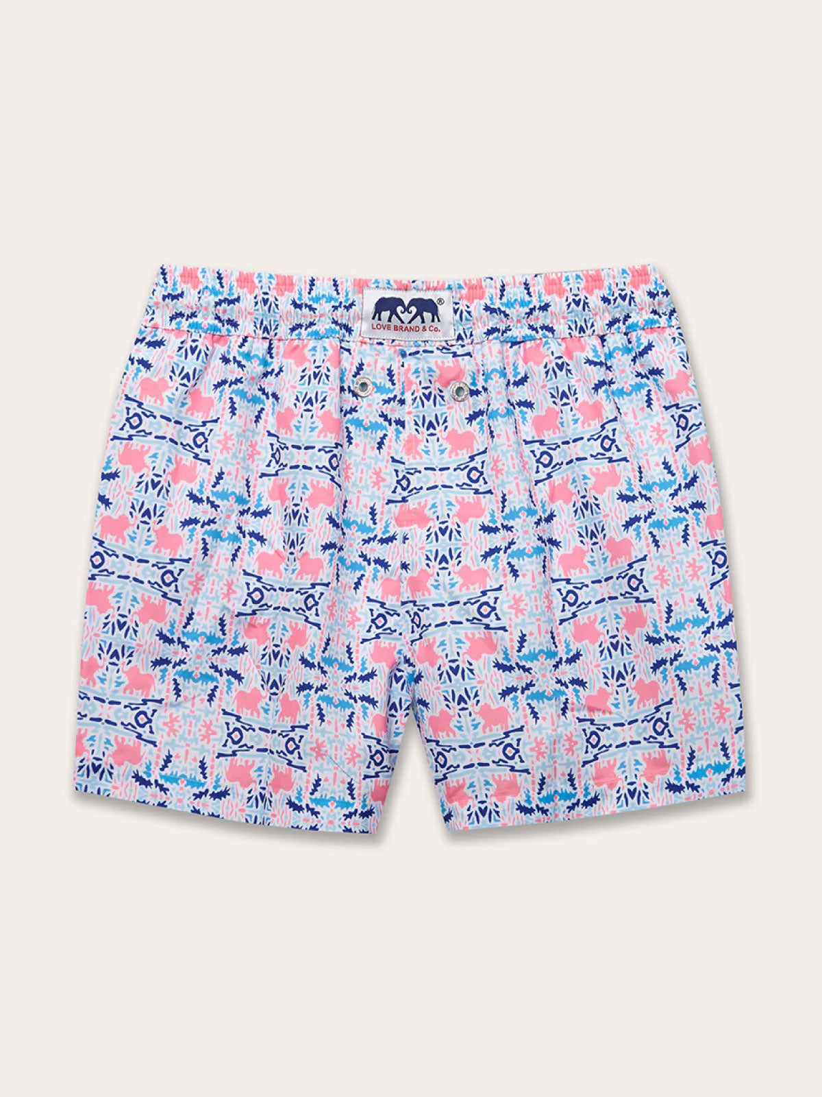 Boys Elephant Daze Staniel Swim Shorts with elephant and blue leafy print on a pink and white background, made from quick-dry recycled material.