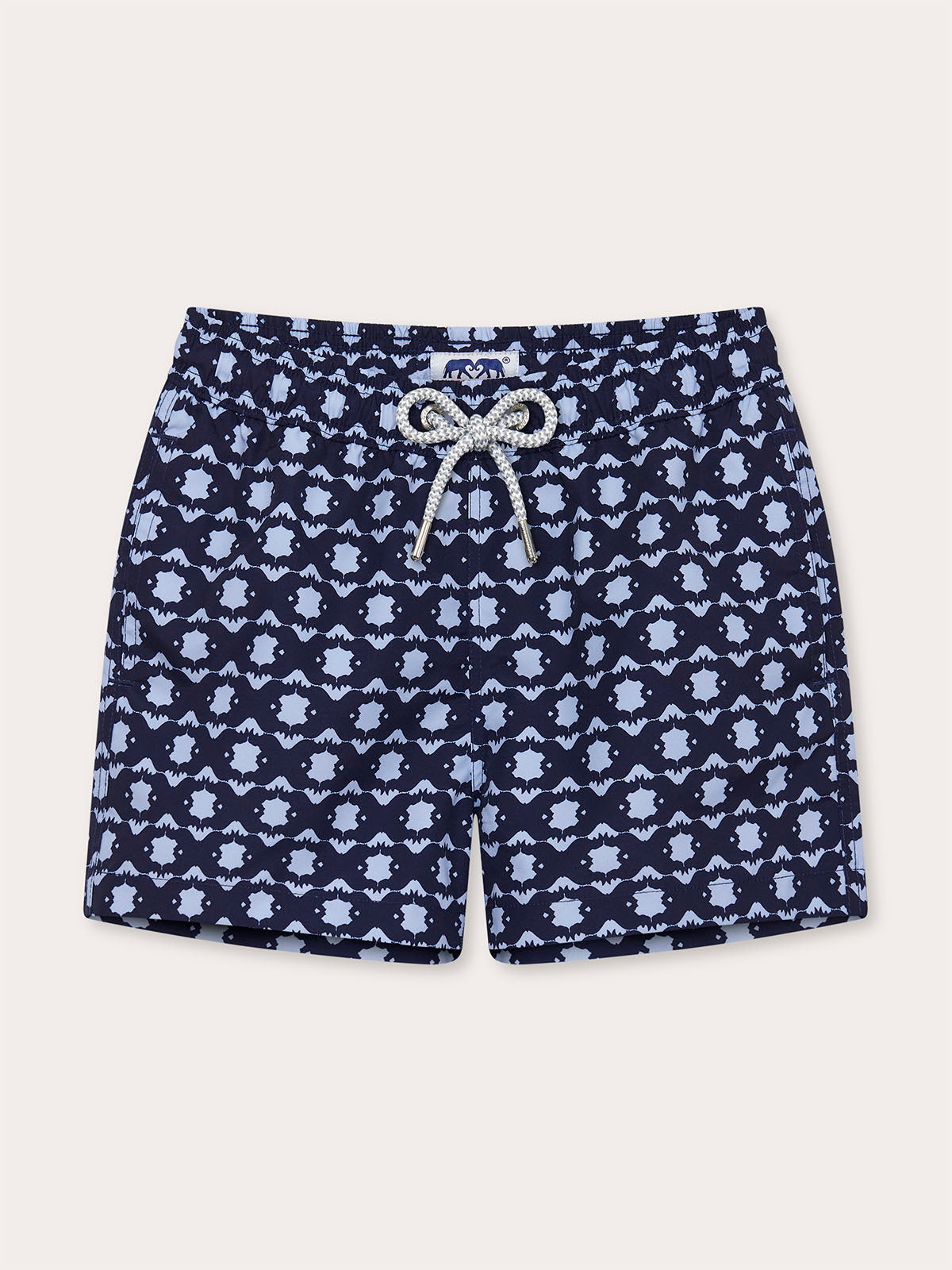Front view of Boys Rhino Rhythm Staniel Swim Shorts. boys swimwear with rhino design and drawstring waist.