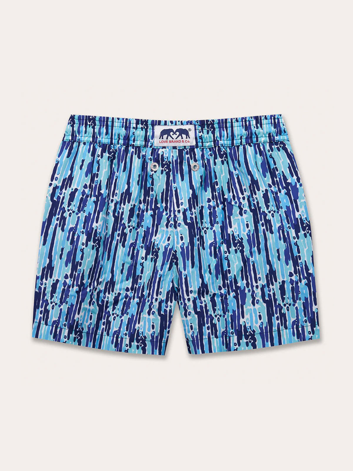 Boys Waterfall Staniel Swim Shorts with blue and aqua abstract waterfall pattern, made from quick-dry recycled material.
