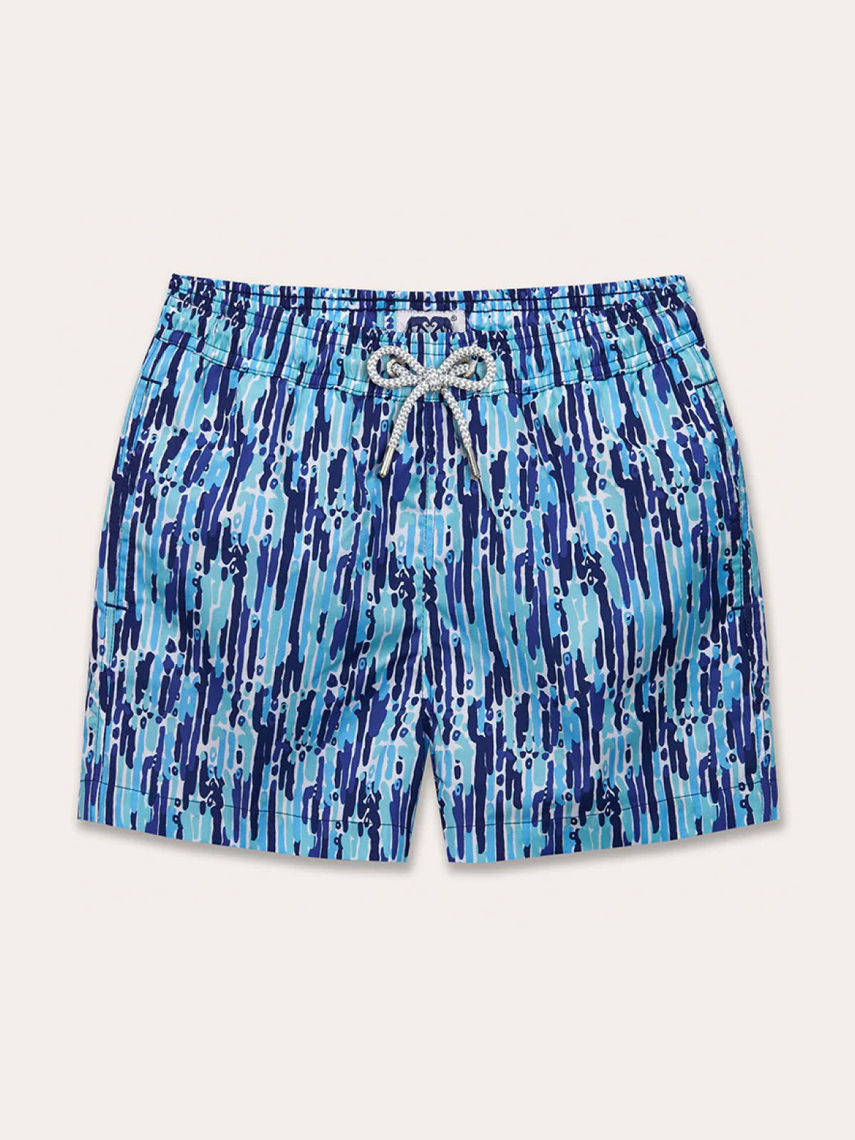 Boys Waterfall Staniel Swim Shorts with blue and white abstract waterfall-inspired pattern, featuring a comfortable elastic waistband with an adjustable drawstring.