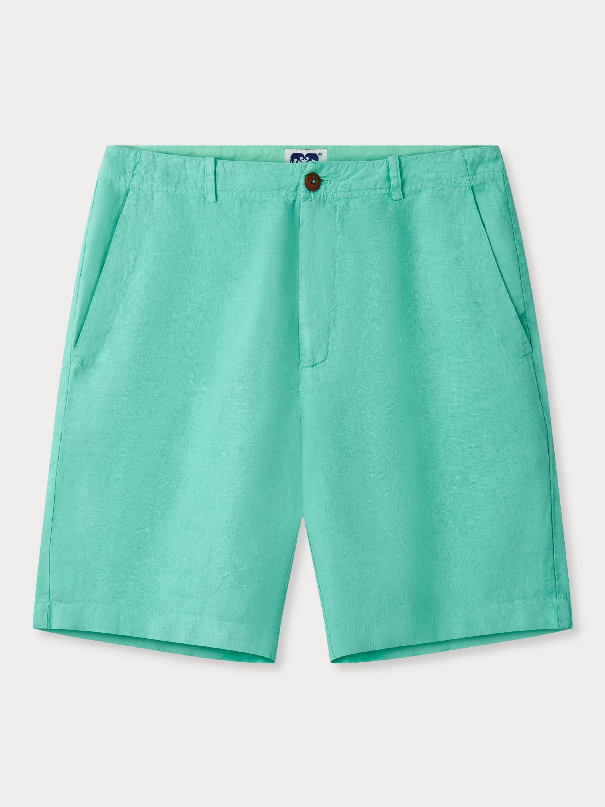 Front view of men's green shorts with button fastening and loopholes for a belt. The shorts have visible slash side pockets.
