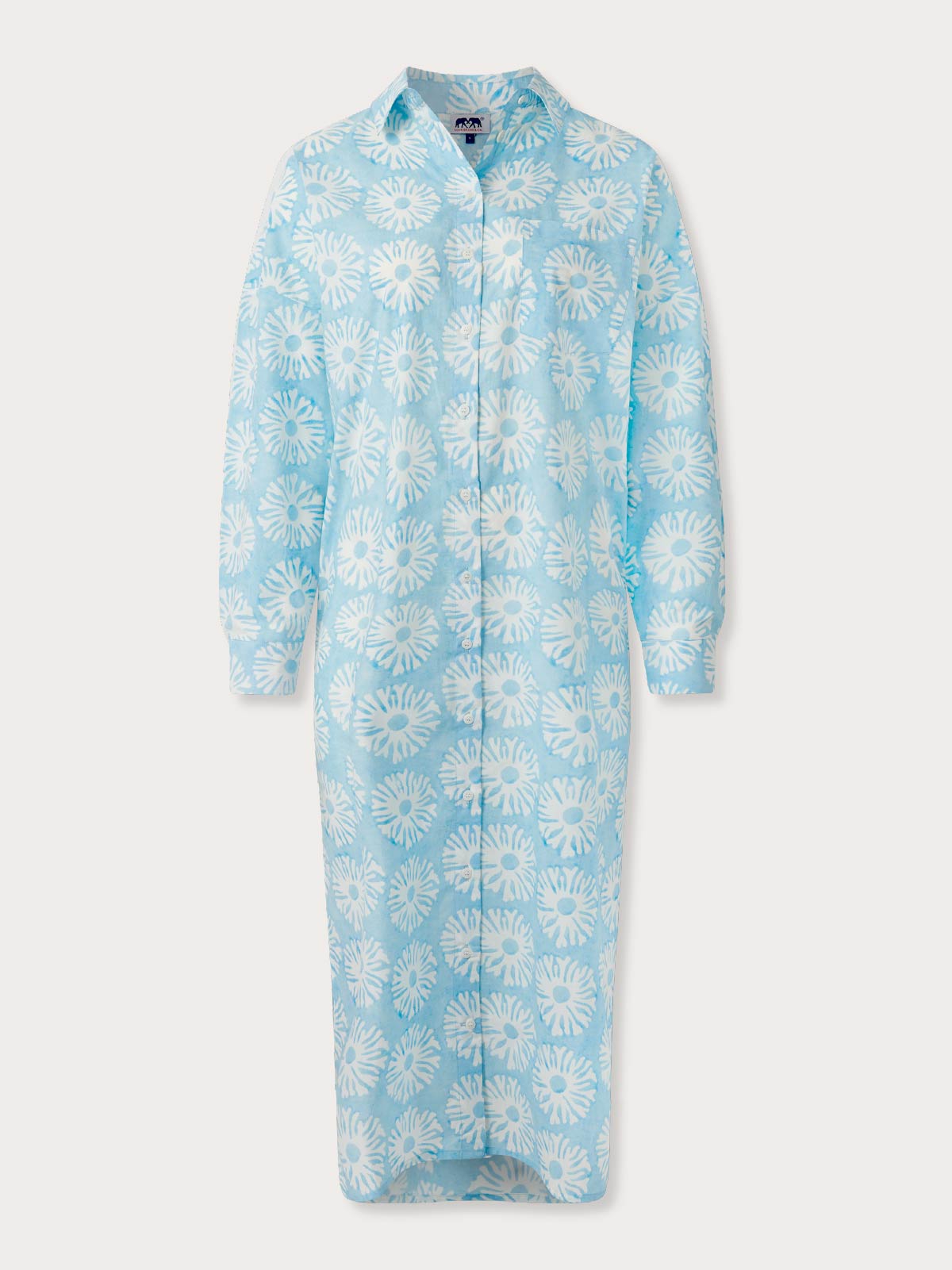 Light blue shirt dress with white coral pattern on a white background.