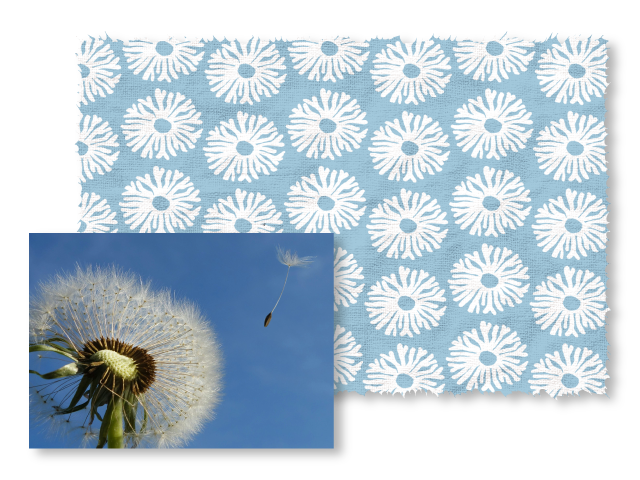Dandelion with seeds blowing away against a blue sky, with a patterned design on a blue background.