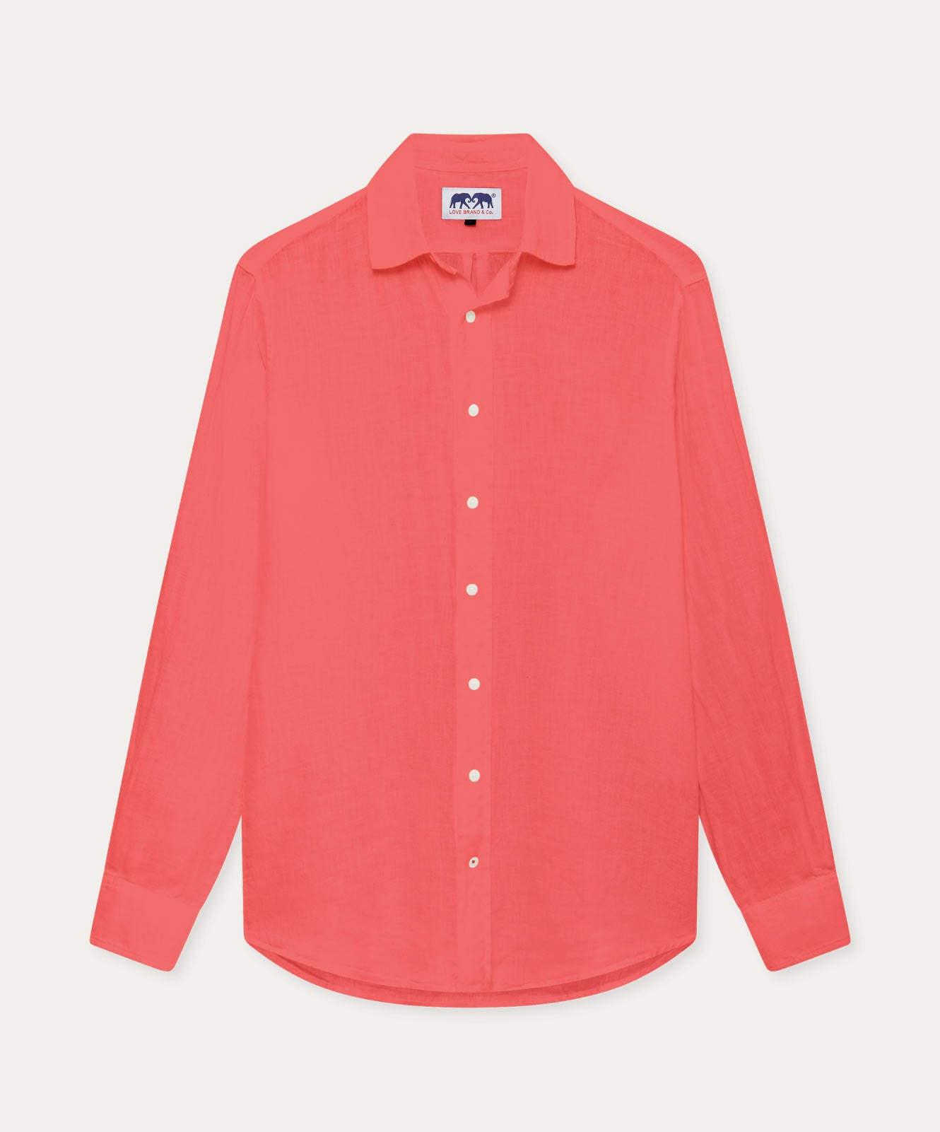 Front view of long-sleeved linen shirt in a red rose colour on a white background.