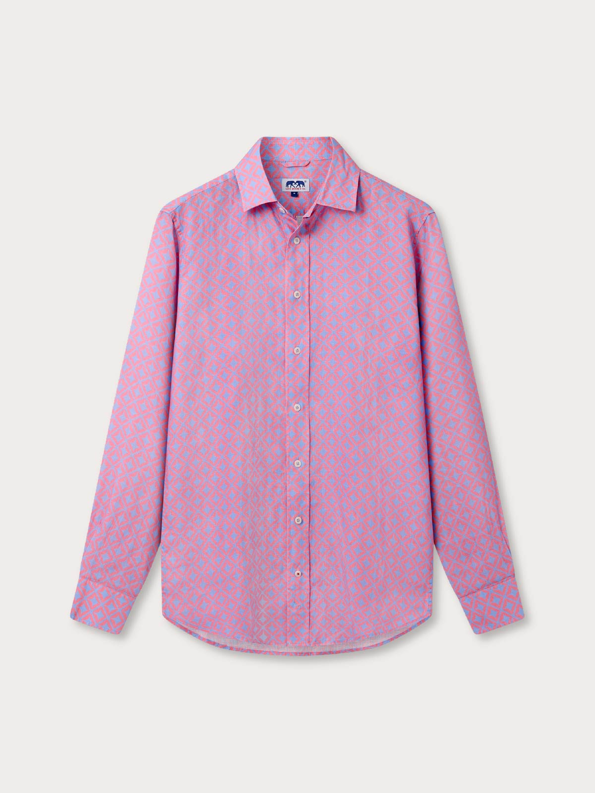 Front view of blue linen shirt with a pink pattern. Long-sleeved and button-up shirt.