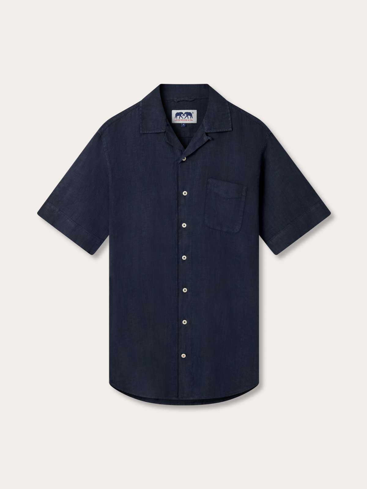Front view of Men's Navy Blue Arawak Linen Shirt. Dark blue linen shirt crafted from 100% linen with short sleeves and camp collar.