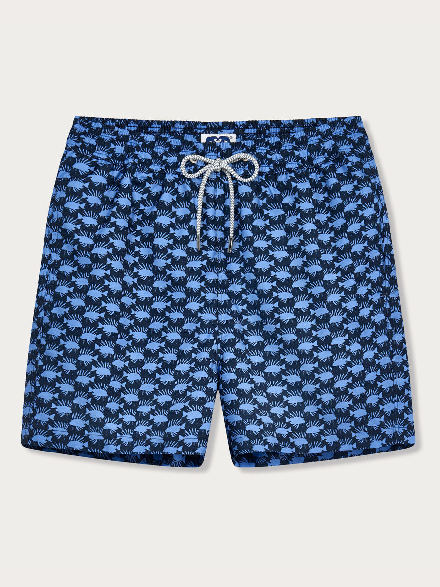 Men's Fish Invasion Staniel Swim Shorts in navy blue with an all-over Lionfish print and a drawstring waistband.