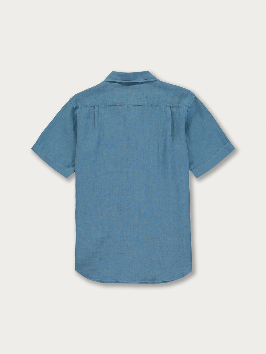 Back view of blue linen shirt for men with short sleeves.