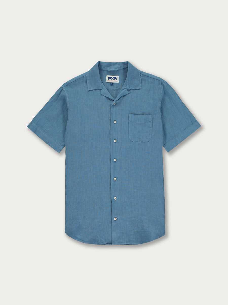 Blue men's linen shirt with short sleeves on a white background