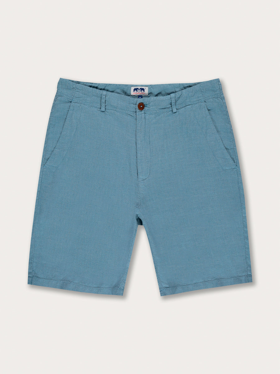 Men's French Blue Burrow Linen Shorts with a distinctive dusty blue, almost denim-like hue, adding sophistication and style.