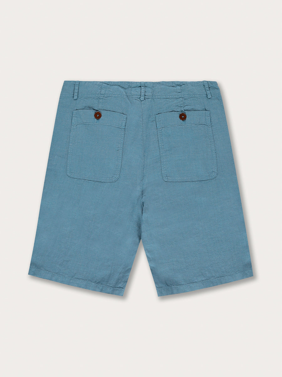 Men's French Blue Burrow Linen Shorts - back view, showcasing two back pockets with button closures, in a sophisticated dusty blue color.