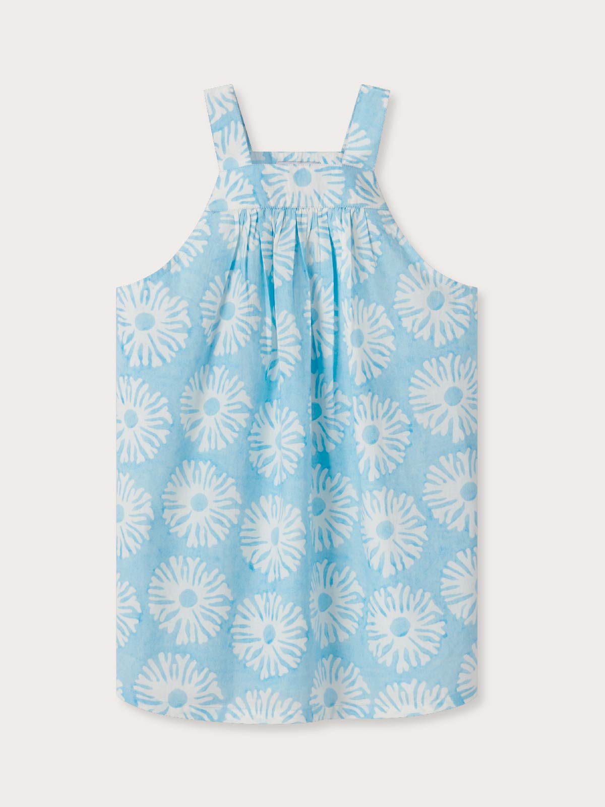 Blue dress with white floral pattern for kids.