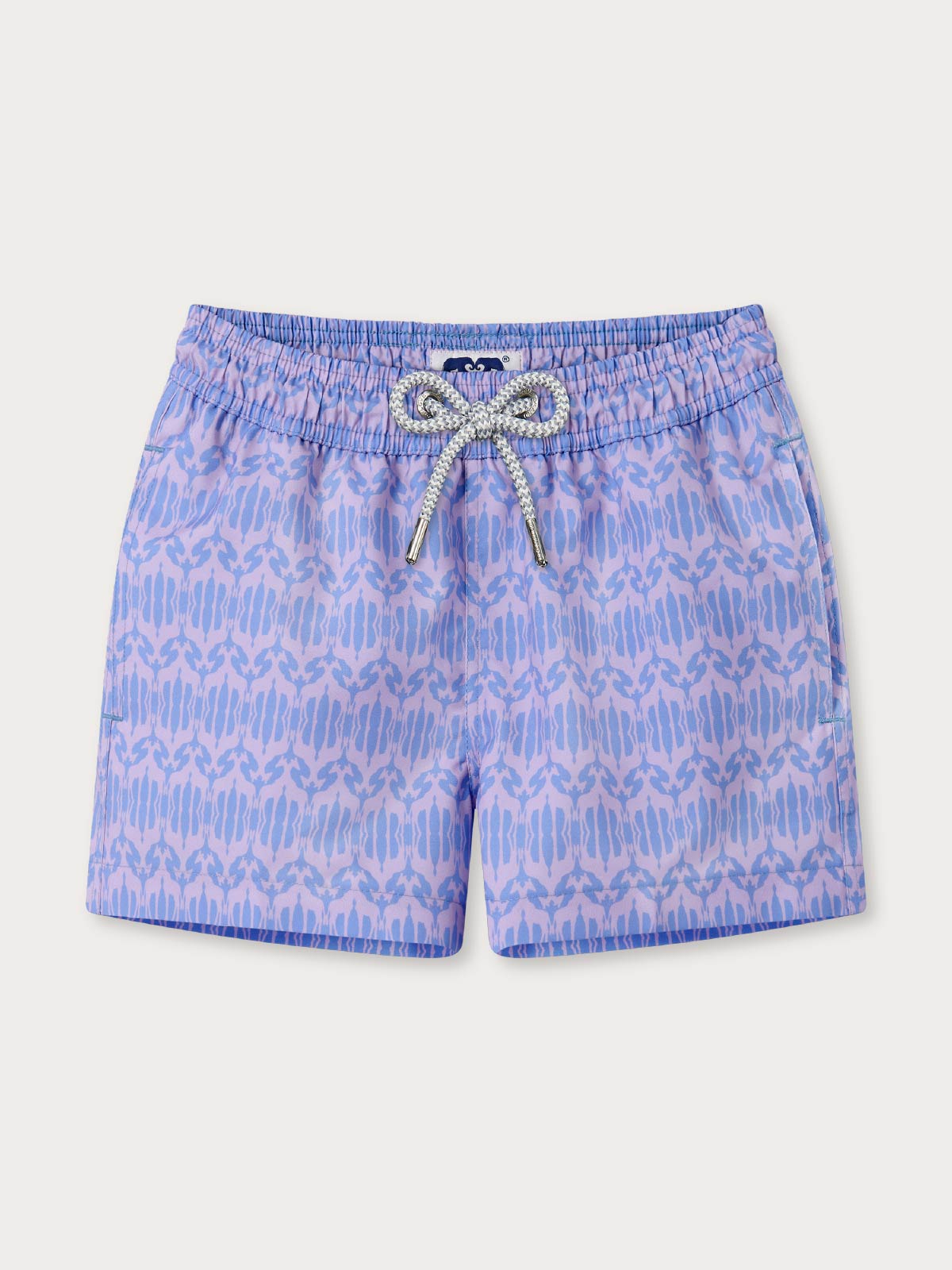 Childrens swimming shorts in blue and purple with a drawstring waist and pockets.