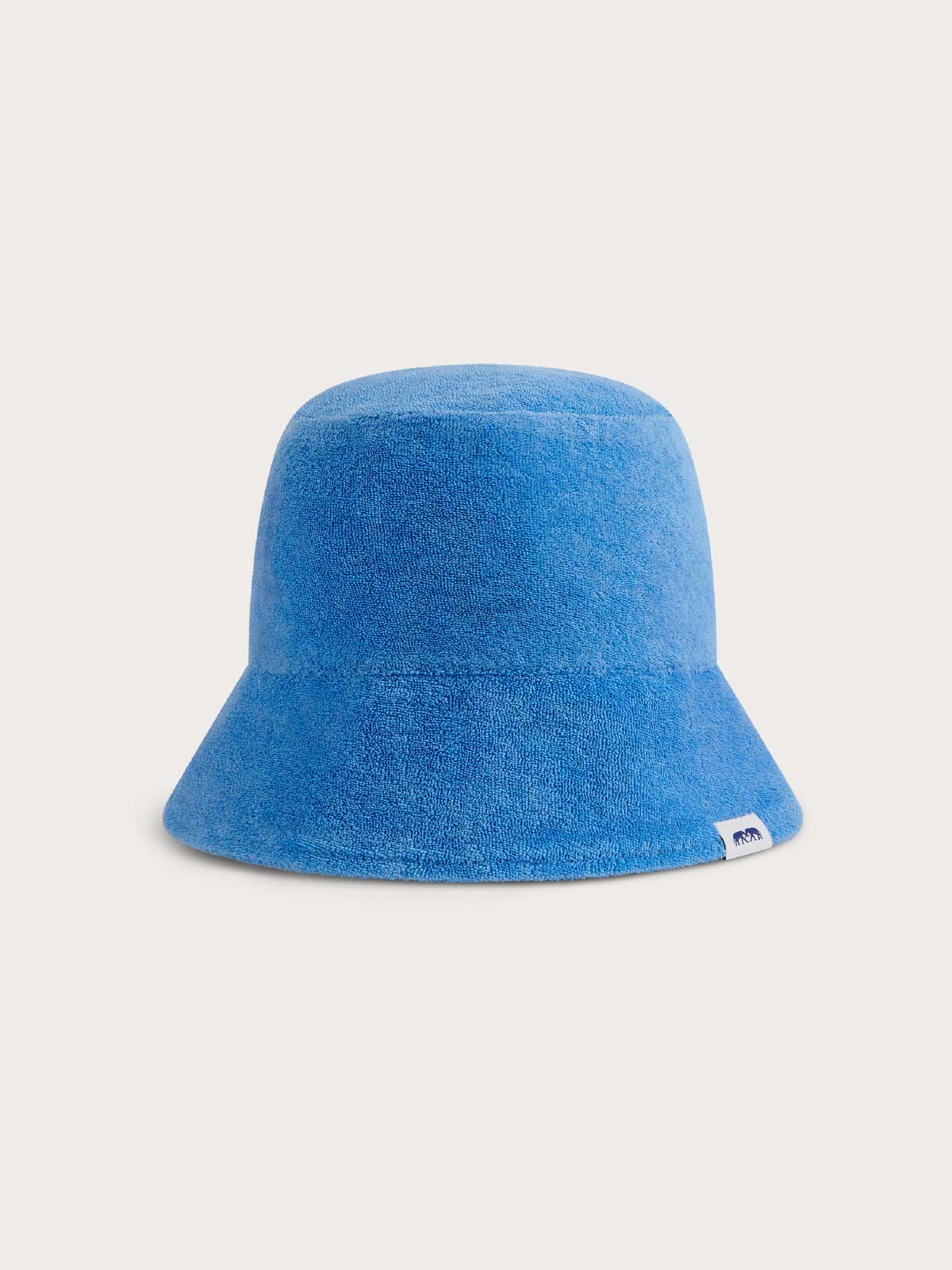 Front view of kids blue bucket hat made from terry towelling