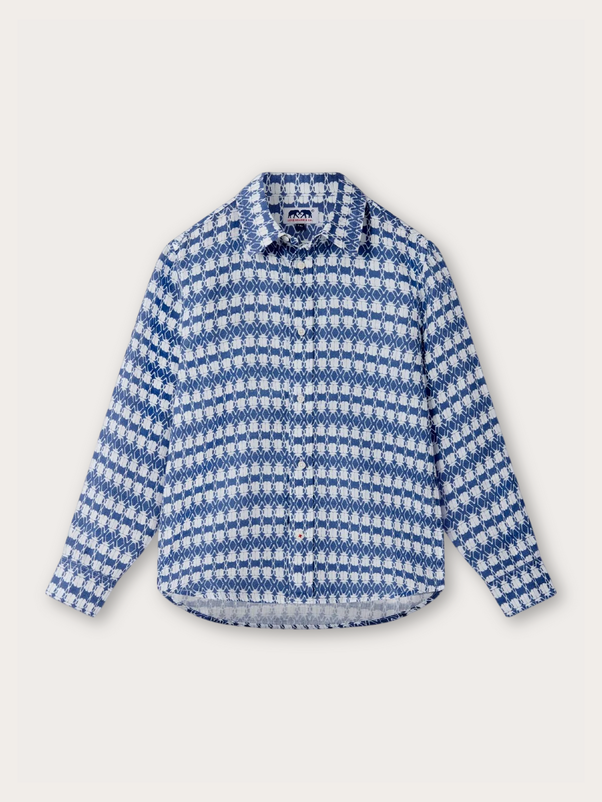 A long-sleeve button-up shirt with a blue and white geometric pattern, displayed flat against a light off-white background.
