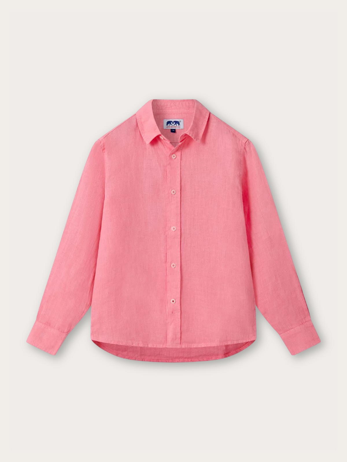 A pink long-sleeve button-up shirt with a pointed collar and white buttons, laid flat against a light off-white background.