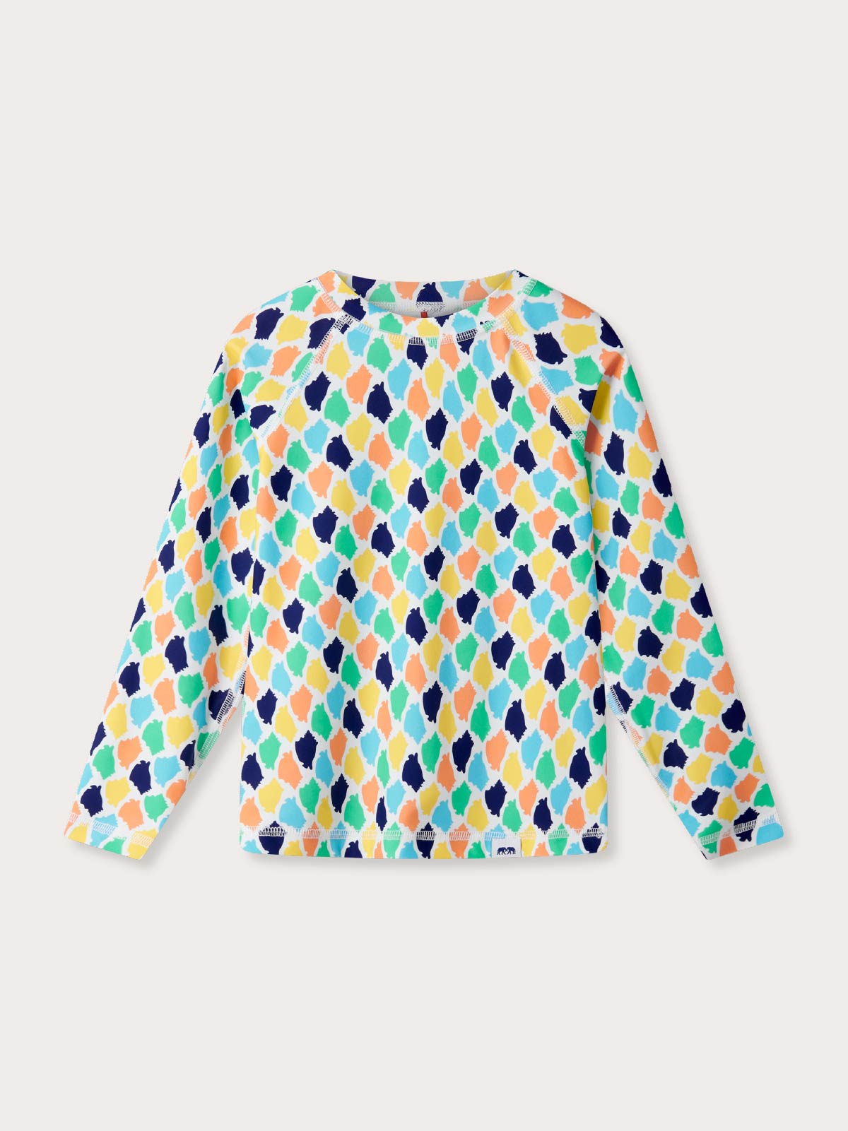 Colourful patterned long-sleeve rash vest on a light grey background