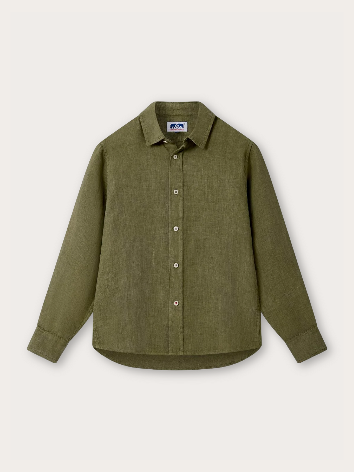 An olive green long-sleeve button-up shirt with a classic collar, laid flat against a light off-white background.