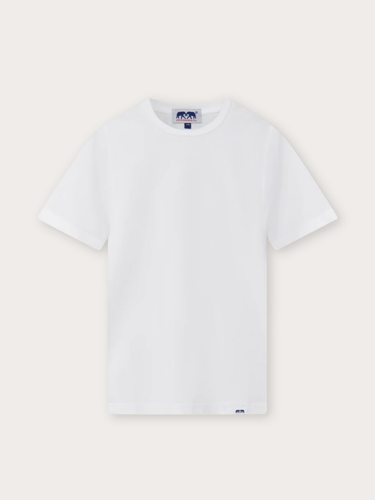 A plain white short-sleeve crewneck t-shirt with small blue and red logo details on the inner neck label and bottom hem, displayed flat against a light beige background.