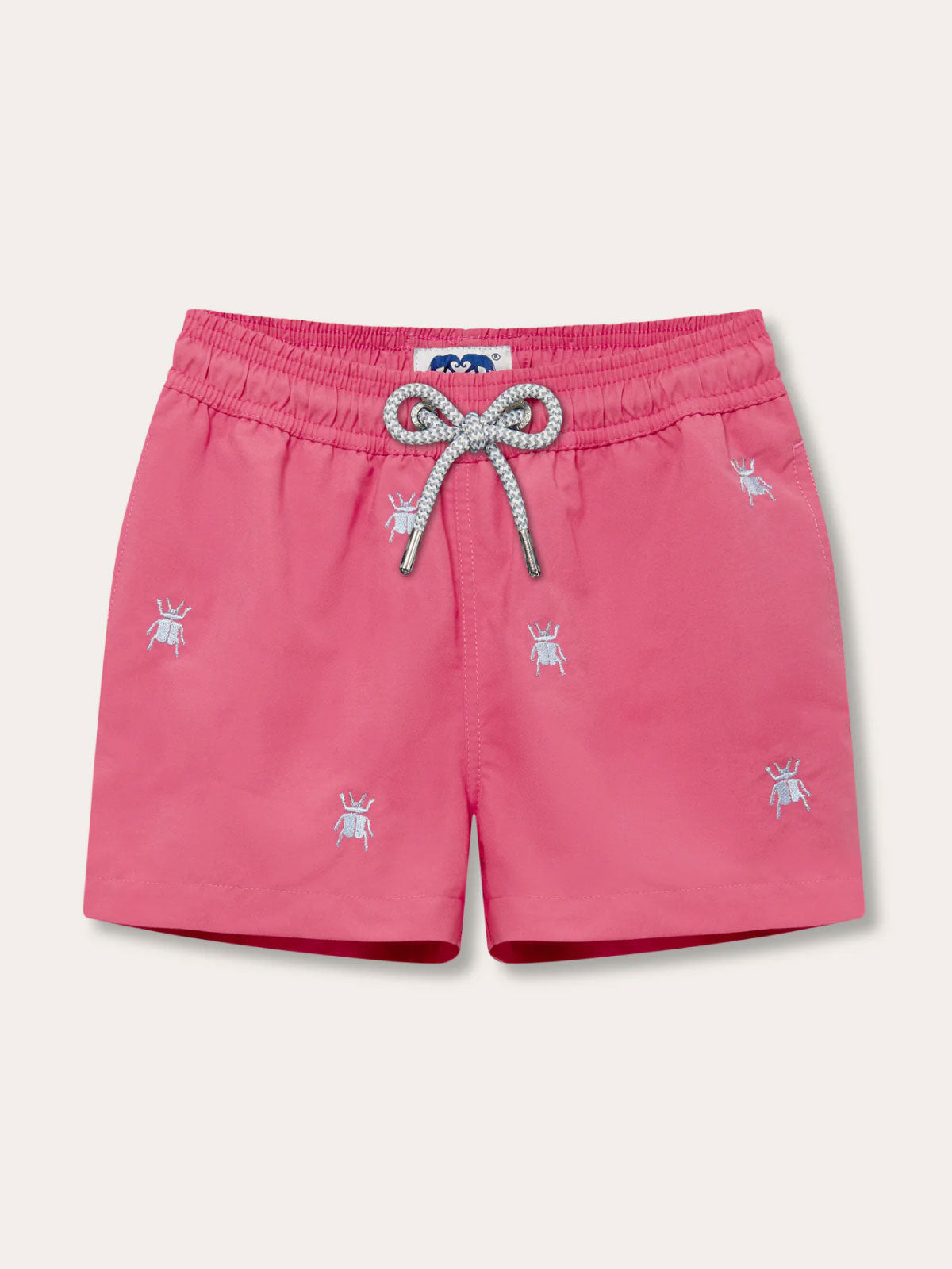 Boys Beetle Bum Embroidered Staniel Swim Shorts in Ruby Red with embroidered tansy beetle pattern, made from 100% recycled polyester.