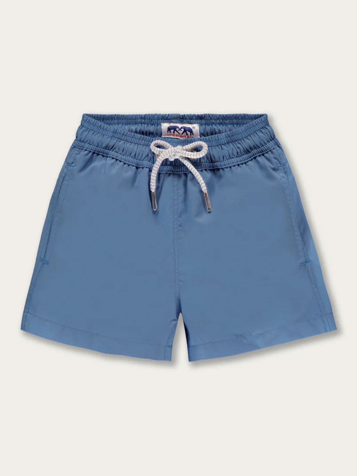 blue swim shorts for kids with a drawstring waist on a white background.