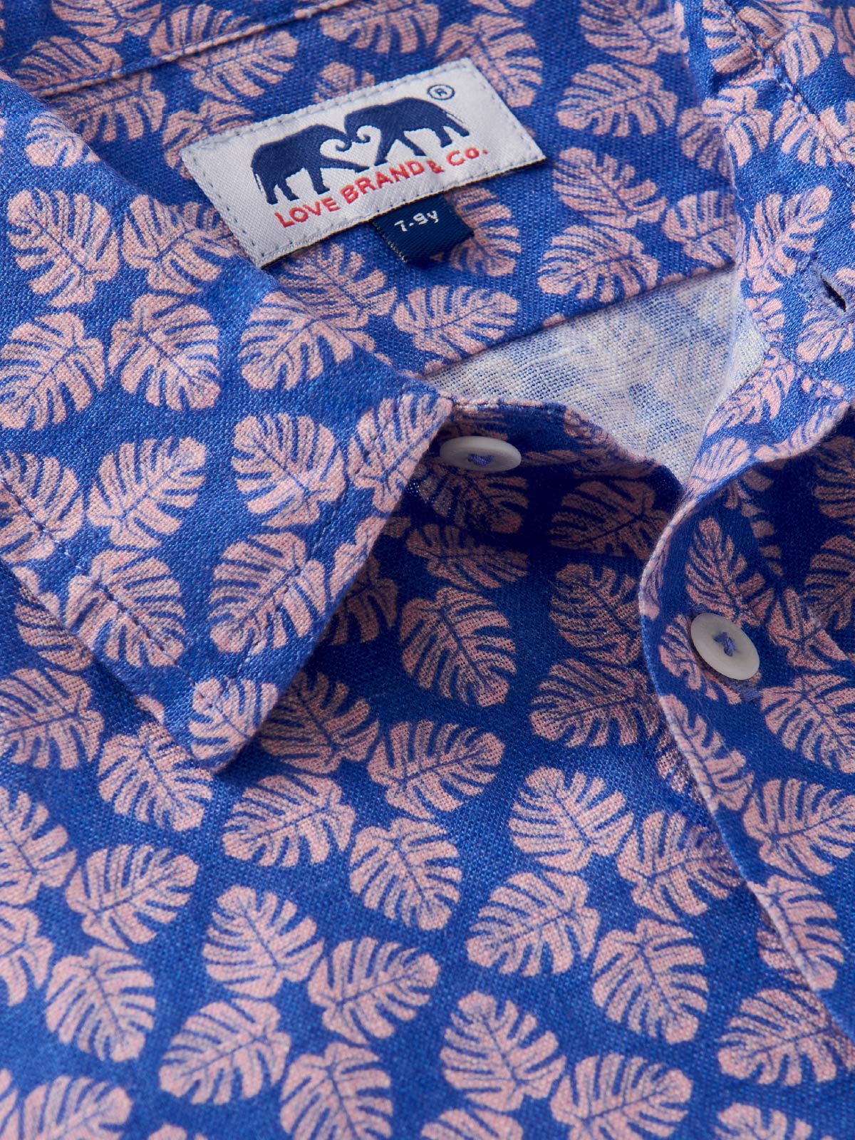 Blue Hawaiian shirt with pink leaf pattern and Love Brand & Co. label.